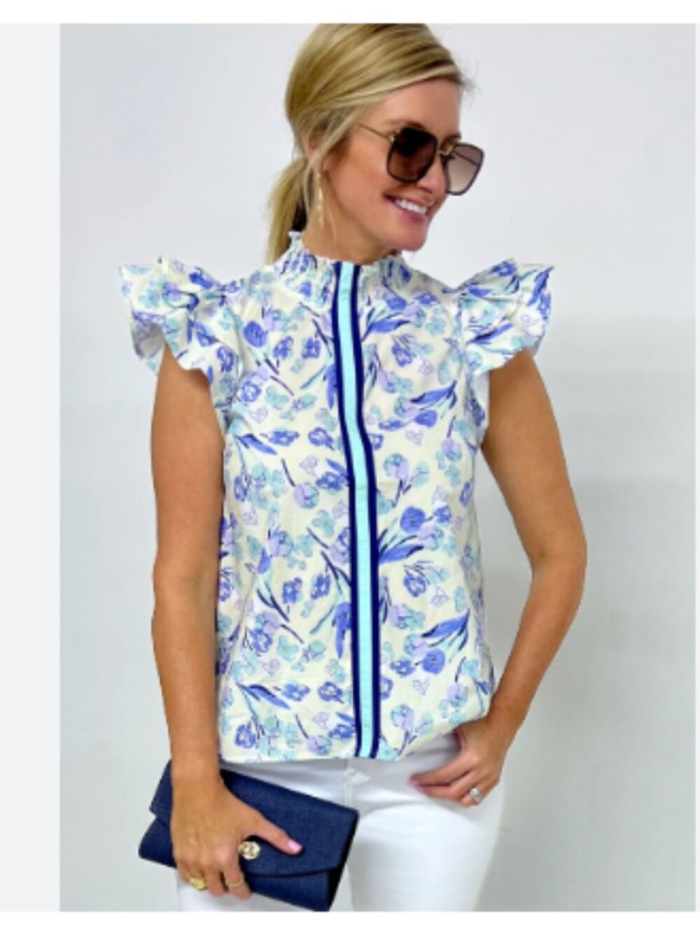 By ENTRO, Bright Blues & Aqua Pull-over blouse, Size Large - NWOT